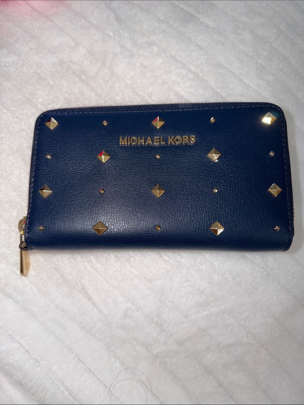 Michael Kors Navy Leather Zip Wallet with Gold Studs